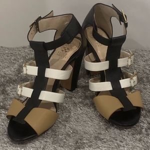 Women's Black, White, and Tan Heeled Sandals